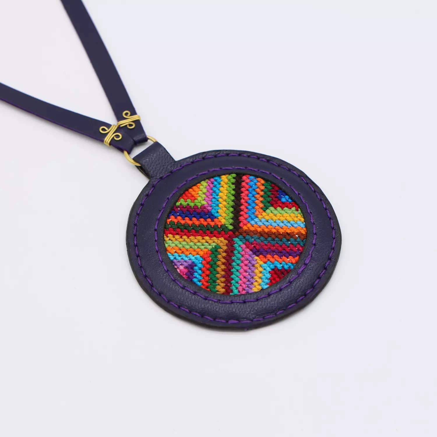 Purple genuine leather necklace with colorful Cross-stitching image