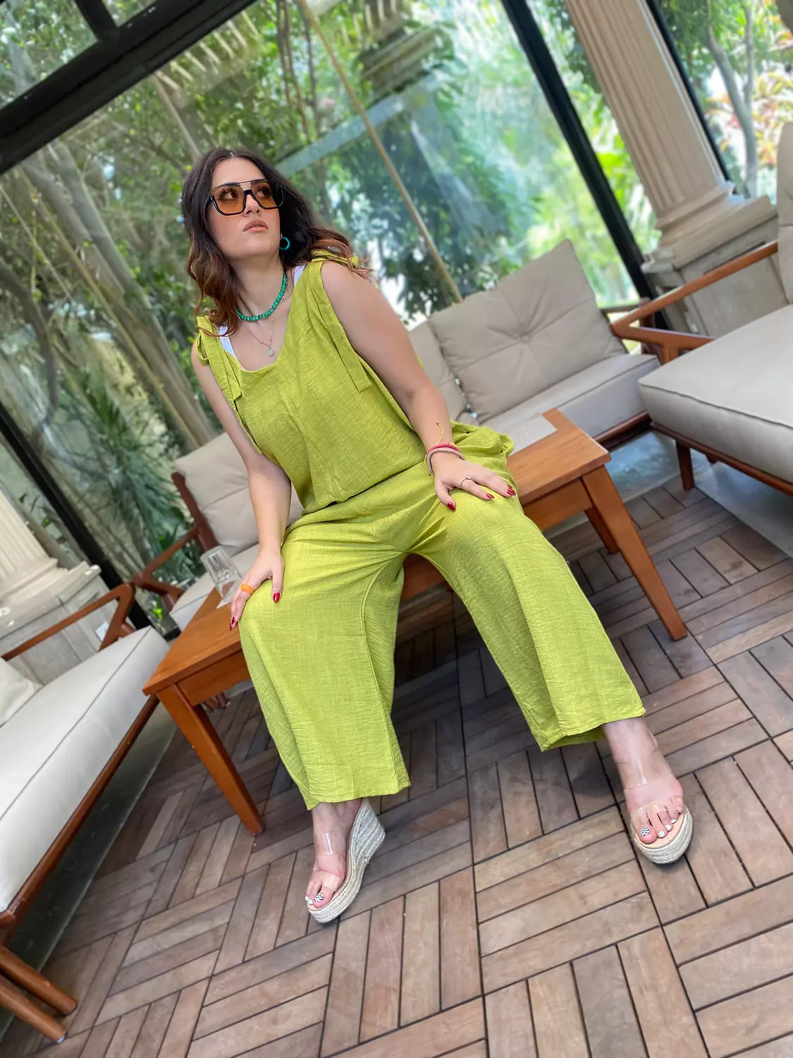 lime green over size linen jumpsuit 2