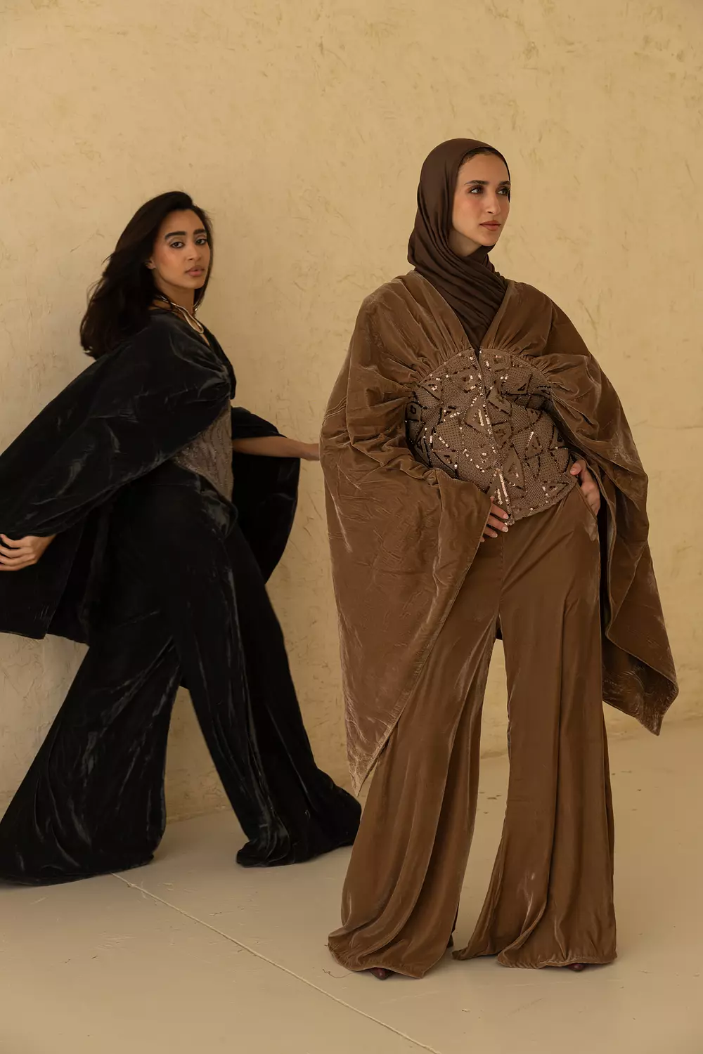 Velvet pant set with embroidery corset cape 1