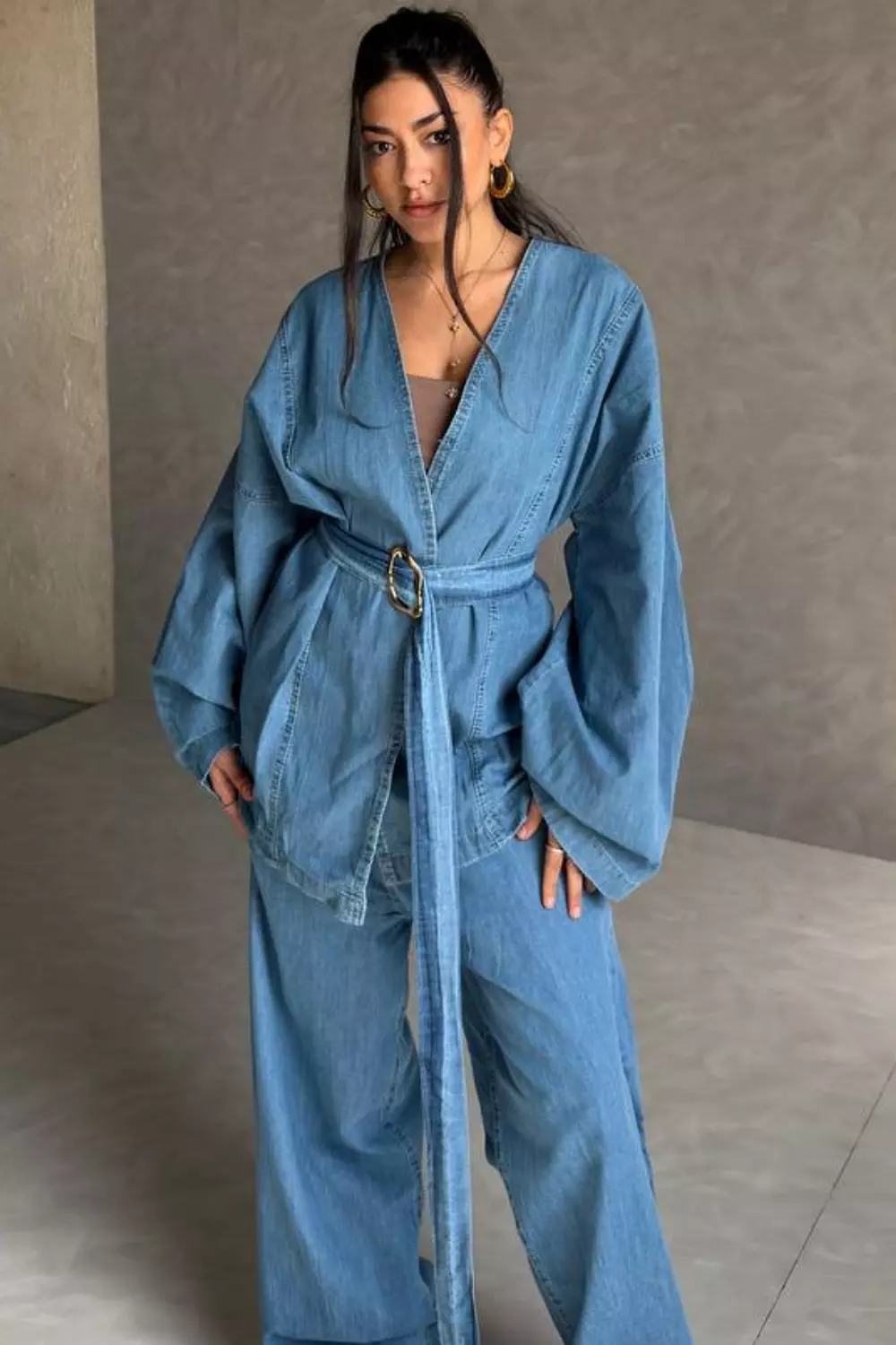 Summer Denim Kimono Set with Batwing Sleeves & Wide-Leg Pants 6