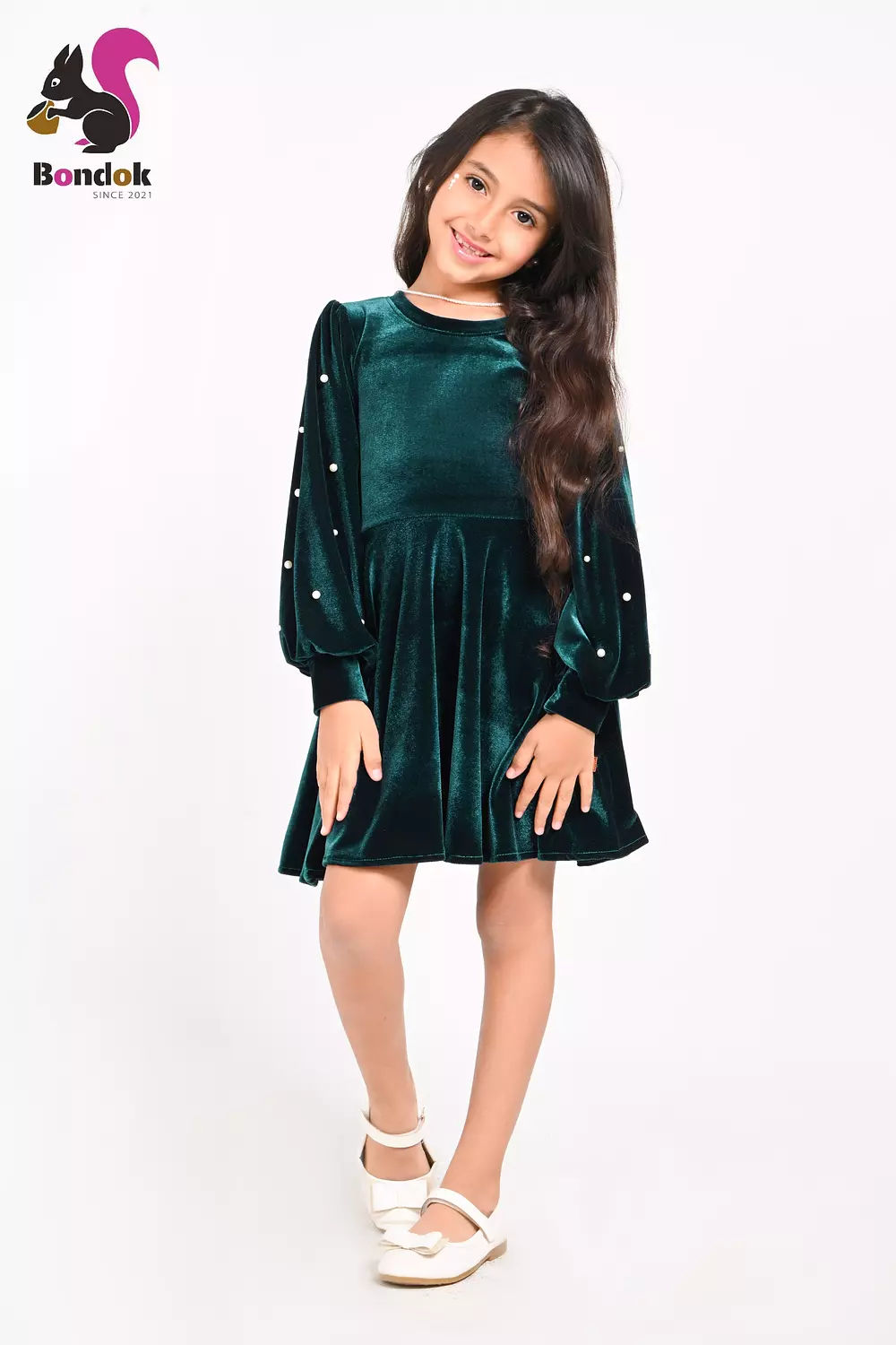 Loly Girls Velvet Dress with Pearl Details, (Red, Navy Blue, Emerald Green, Deep Fuchsia and Black) 4