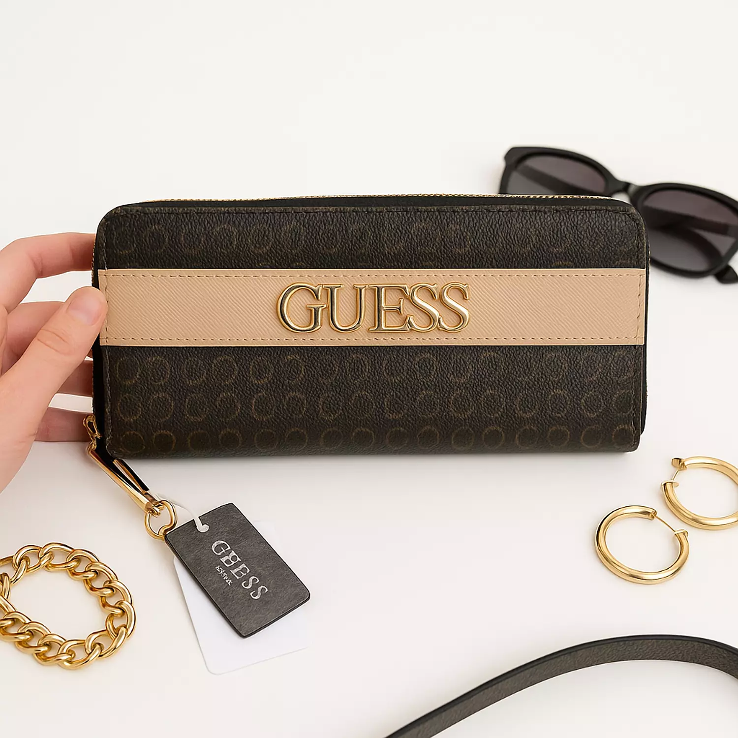 GUESS Monogram Zip-Around Wallet – Brown & Beige image