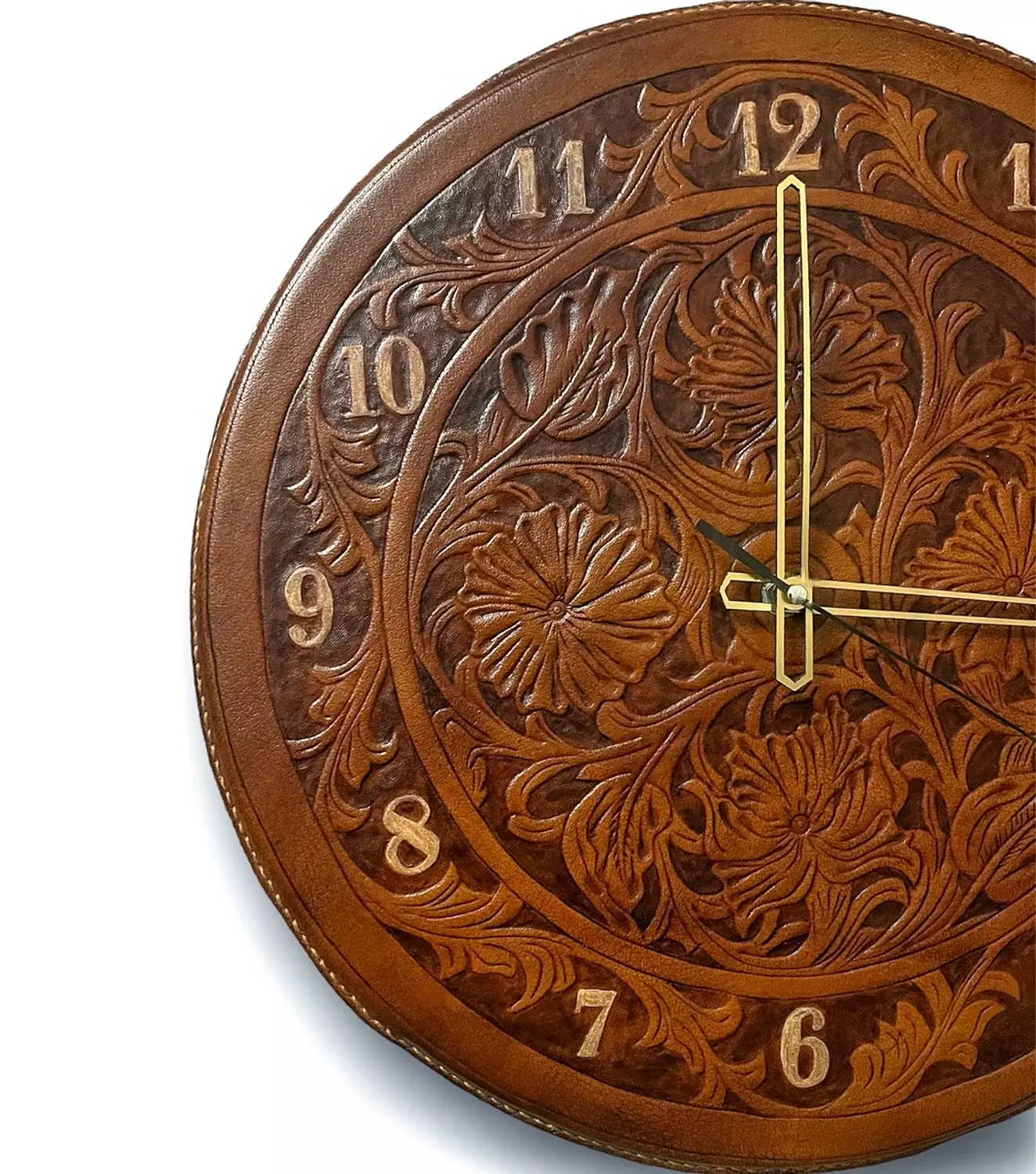 Tooled floral leather wall clock with numbers hover image