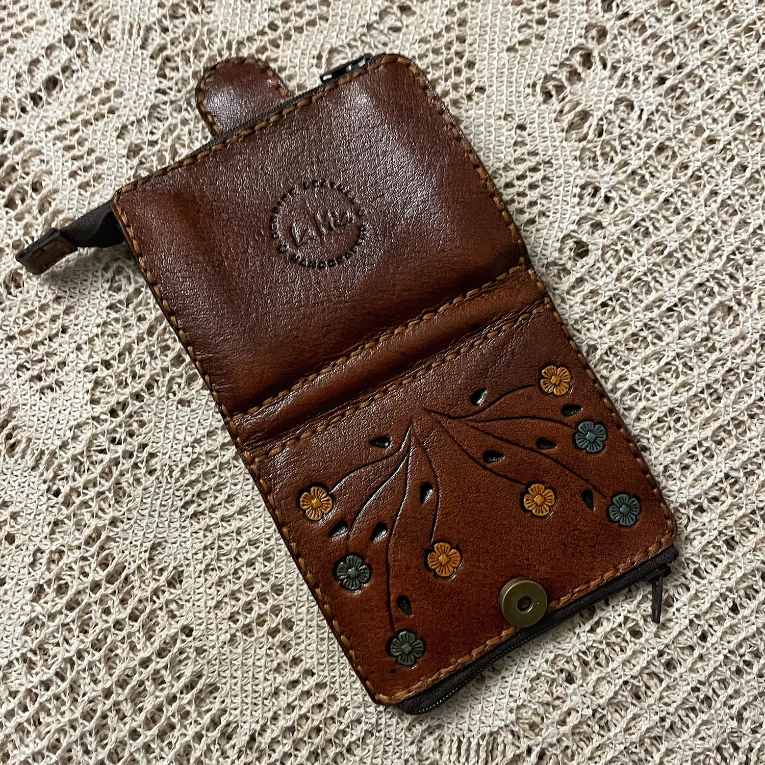 Hand painted yellow-blue flowers leather wallet-flap closure 3