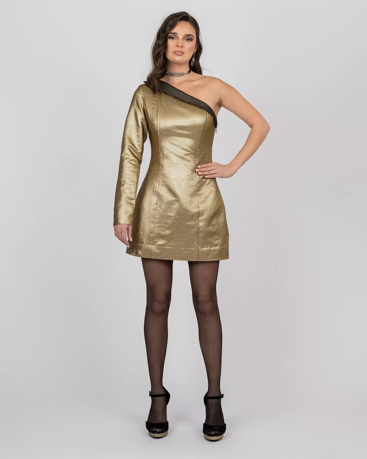 One-Shoulder Silk Brocade Mini Dress 6