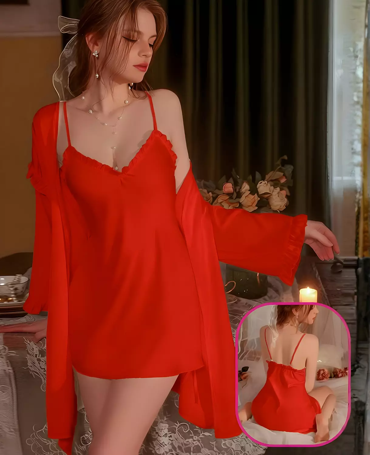  2-Piece Ruffled Satin Chemise & Robe 4