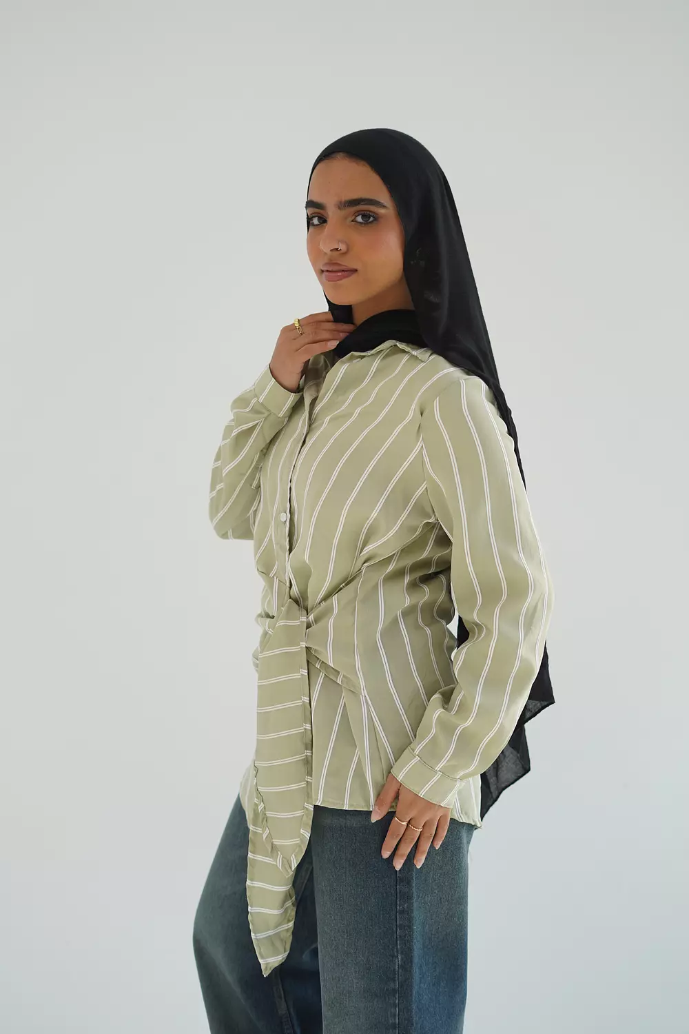 Olive long striped shirt with side tie 3