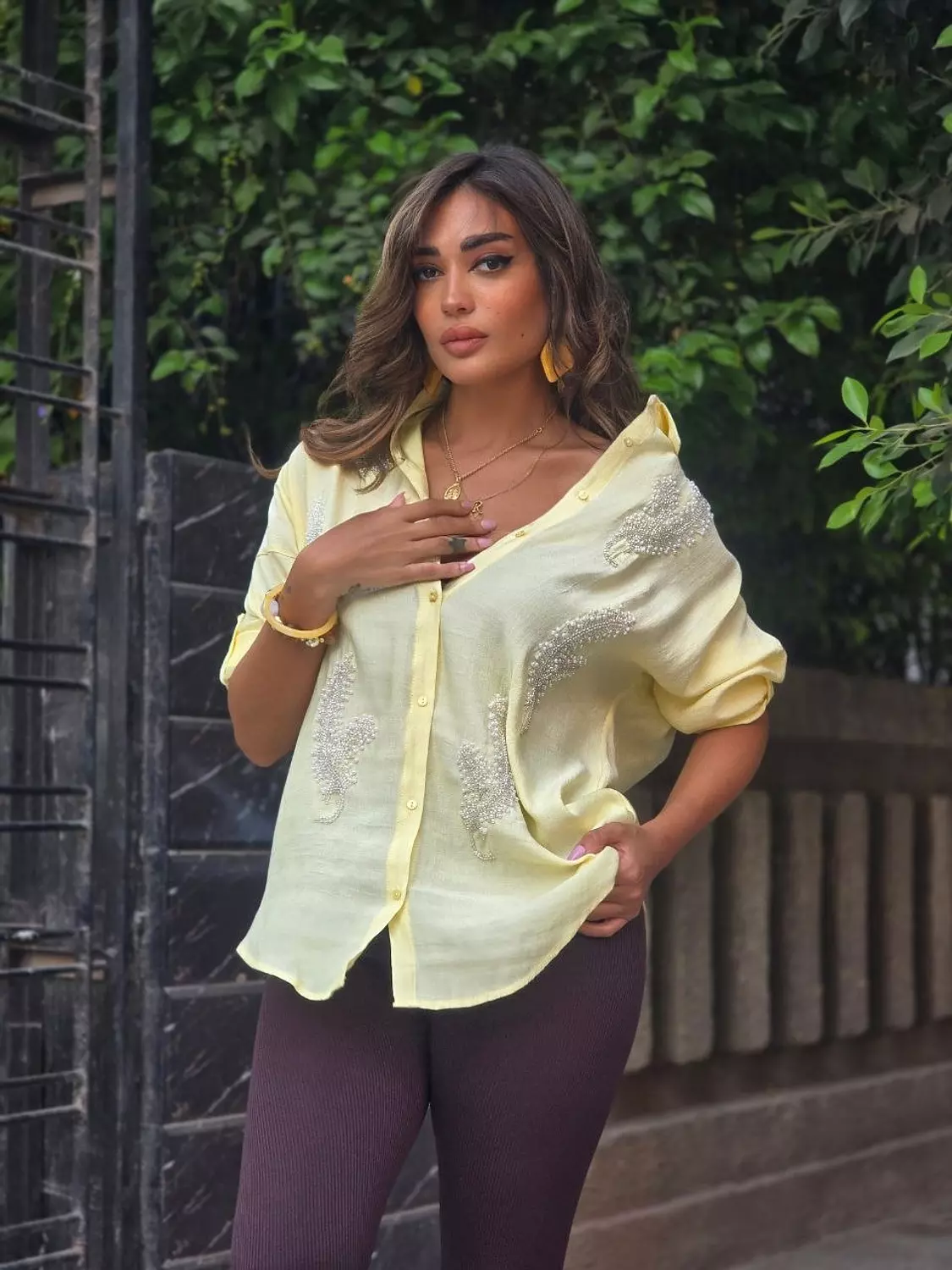 Yellow leaflets embroidered shirt hover image
