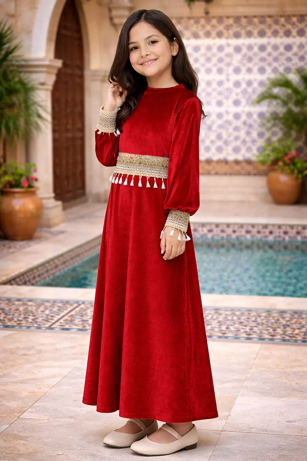 Girls Velvet Ramadan Dress with Separate Tassel Trim, Long Sleeve Islamic Abaya, Traditional Modest Maxi Dress for Kids image