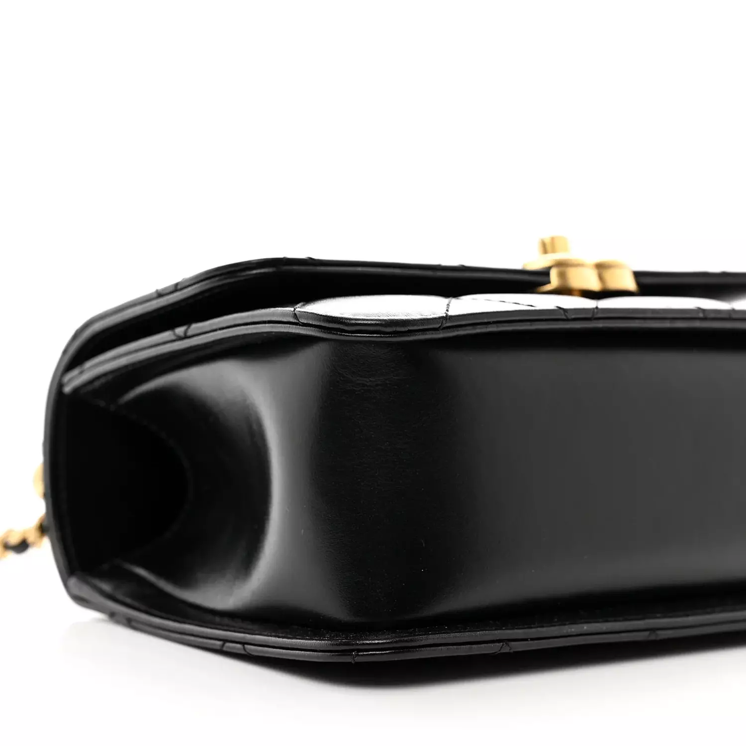 Chanel Small Flap Bag in black shiny calfskin leather features gold-tone meta 3