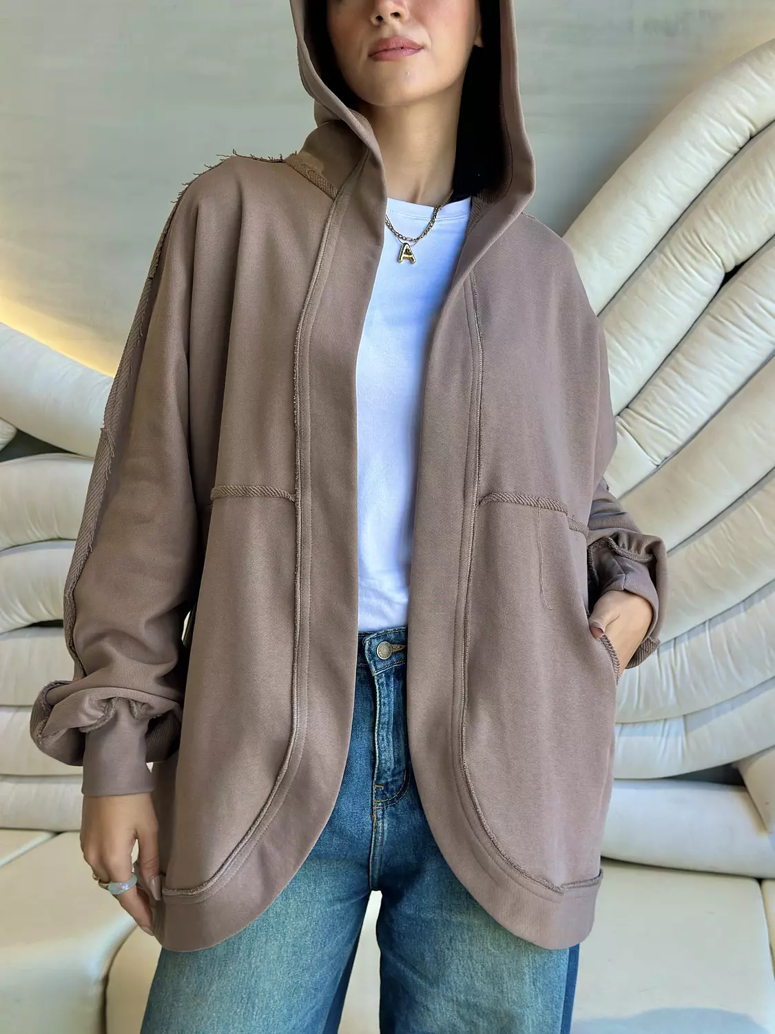 HOODED CARDIGAN IN CAFE  1