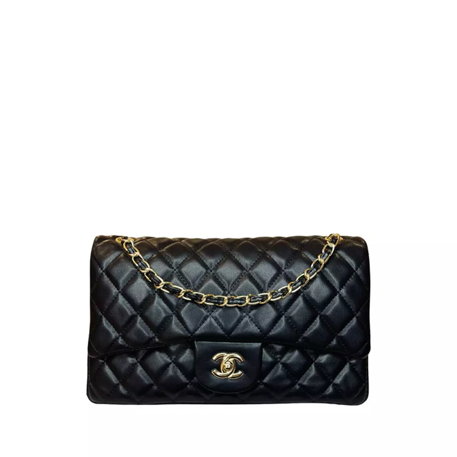  black Chanel Classic Flap Bag in quilted leather with gold-tone hardware.  image