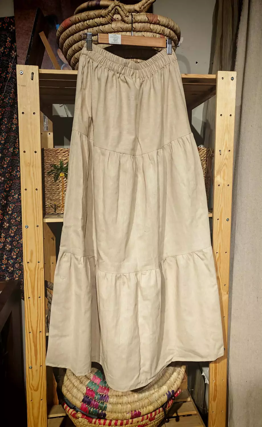 Maxi tiered light beige linen skirt  3