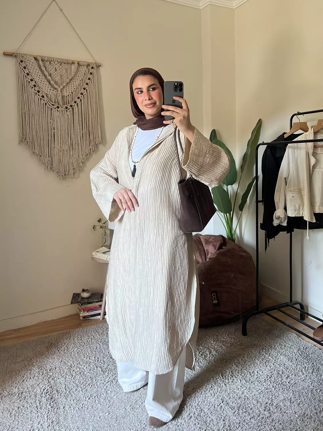 Crinkle Shirt Dress in Beige image