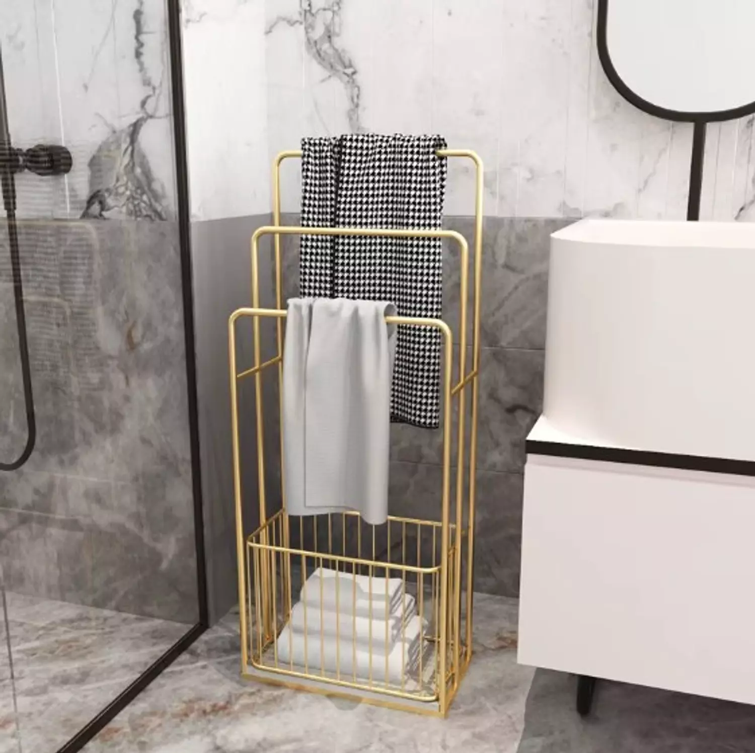 Bathroom towel organizer with clothes basket  image