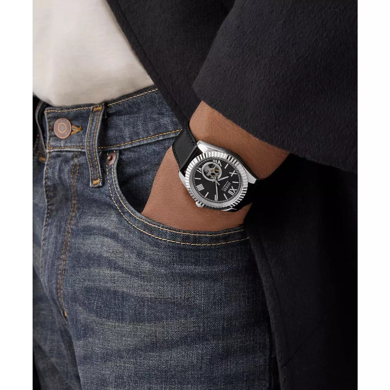 GUESS CONNOISSEUR Mens Black Silver Tone Automatic Watch Black Genuine Leather Brushed/Polished Strap 9