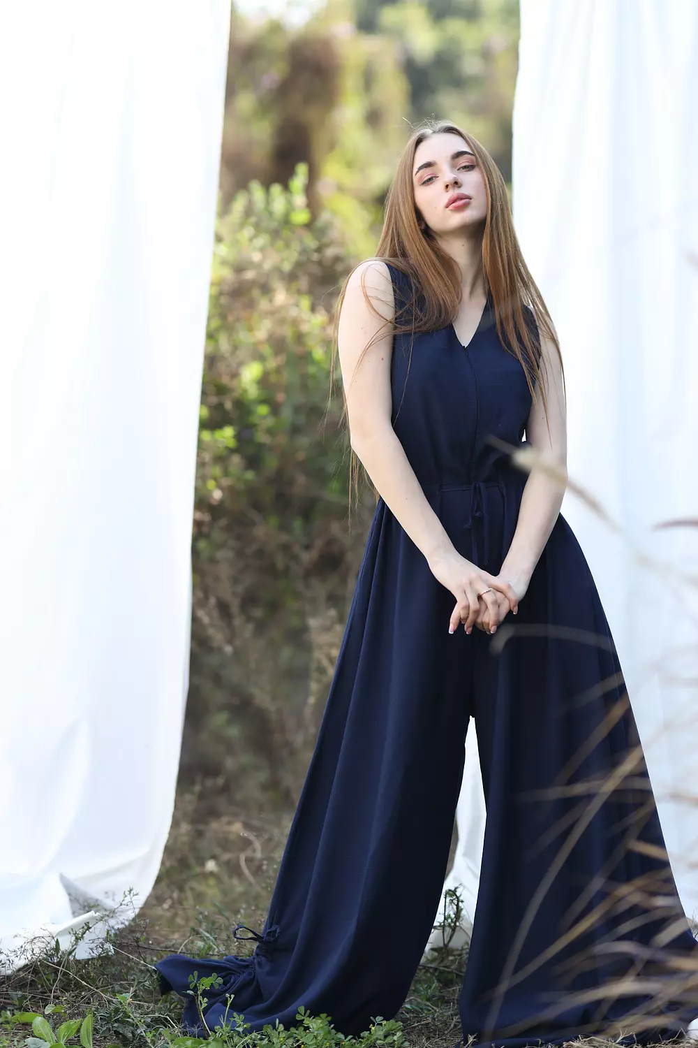 Wide Leg Linen Jumpsuit - Dark Blue 3