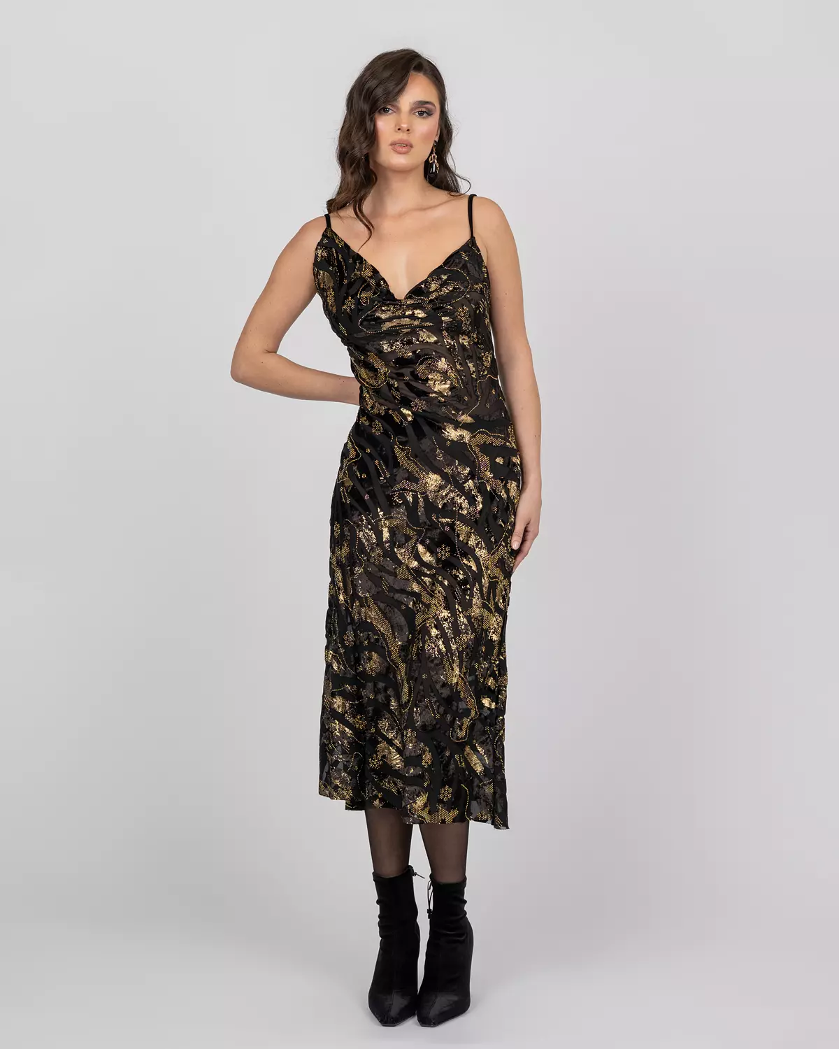 Luxury Silk Midi Dress with Gold Accents hover image