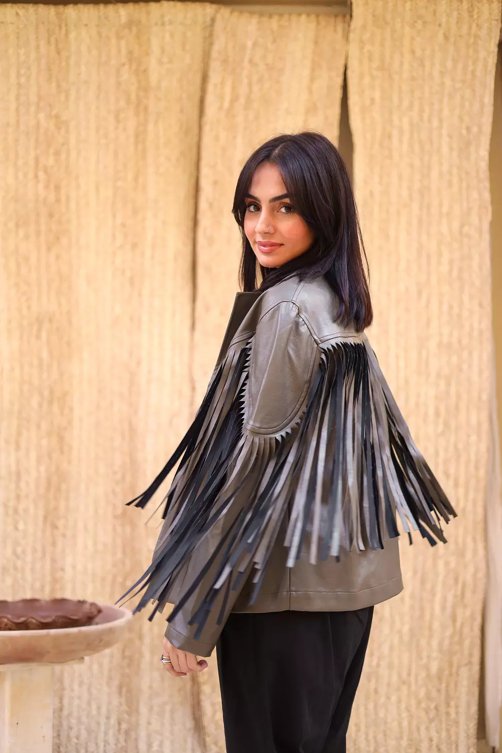 FRINGES JACKET IN OLIVE GREEN image