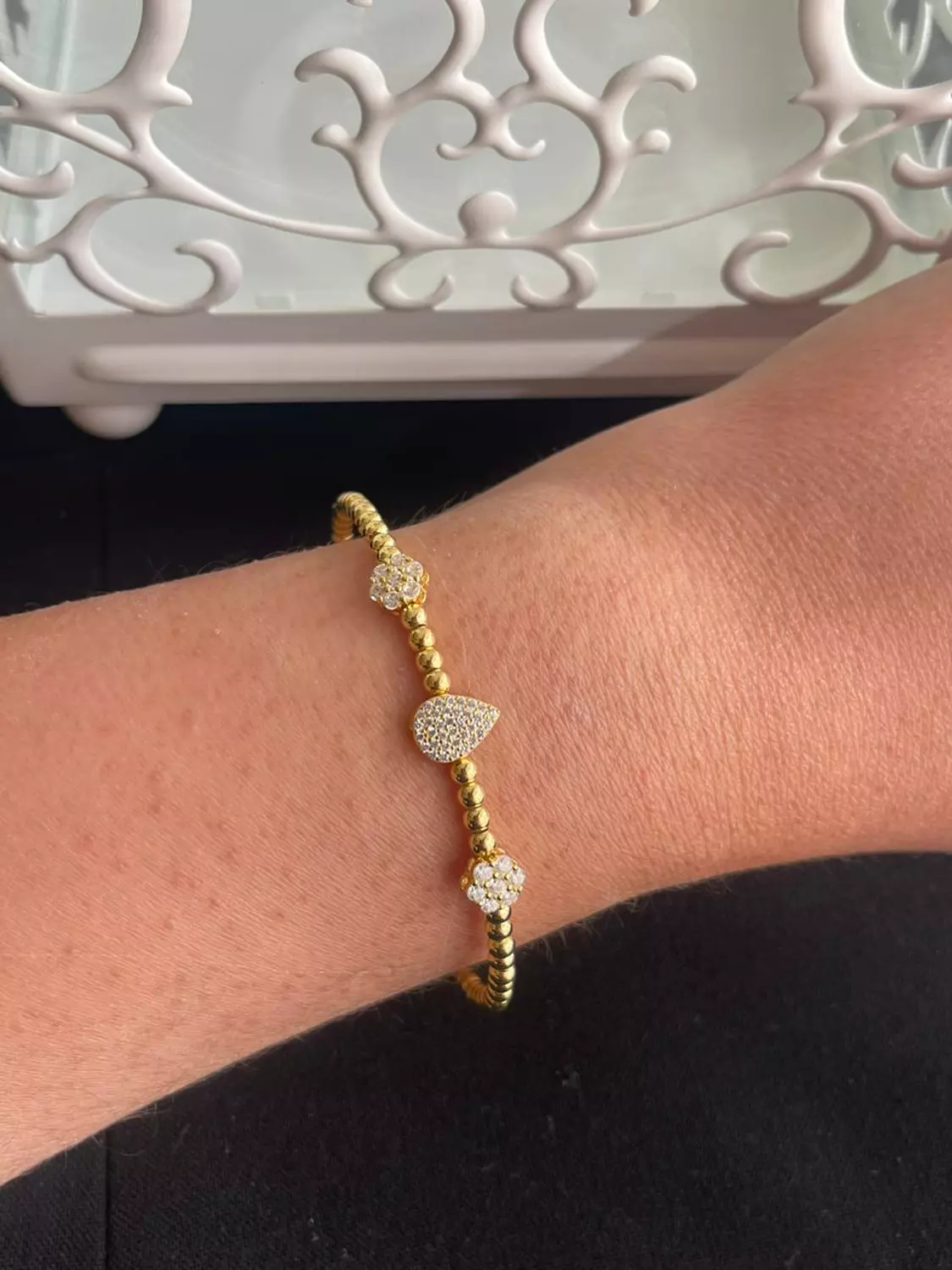 Oval and two flowers silver braided bangle free size adjustable gold plated image