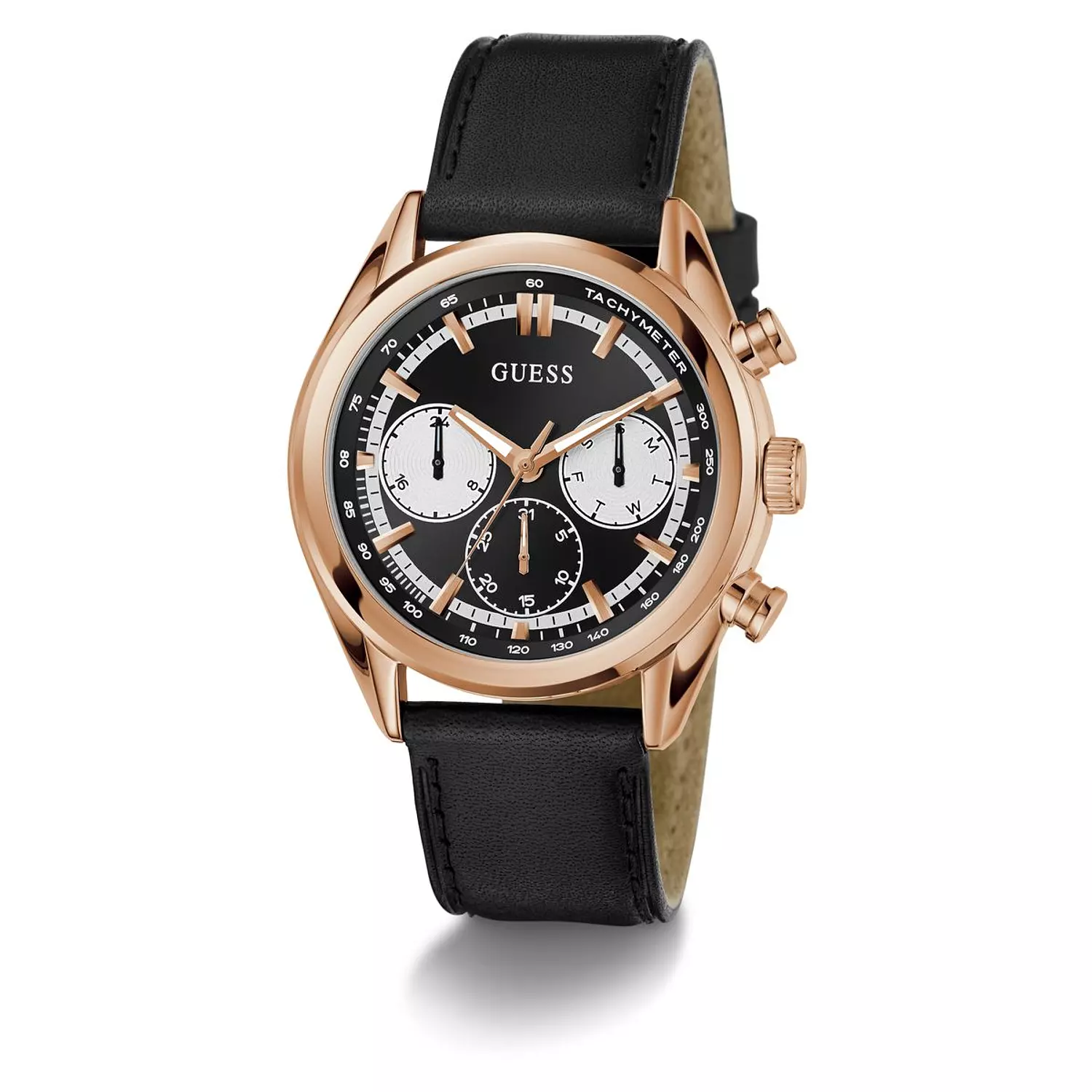 GUESS DAWSON Mens Black Rose Gold Tone Multi-function Watch Black Genuine Leather Smooth Strap 1