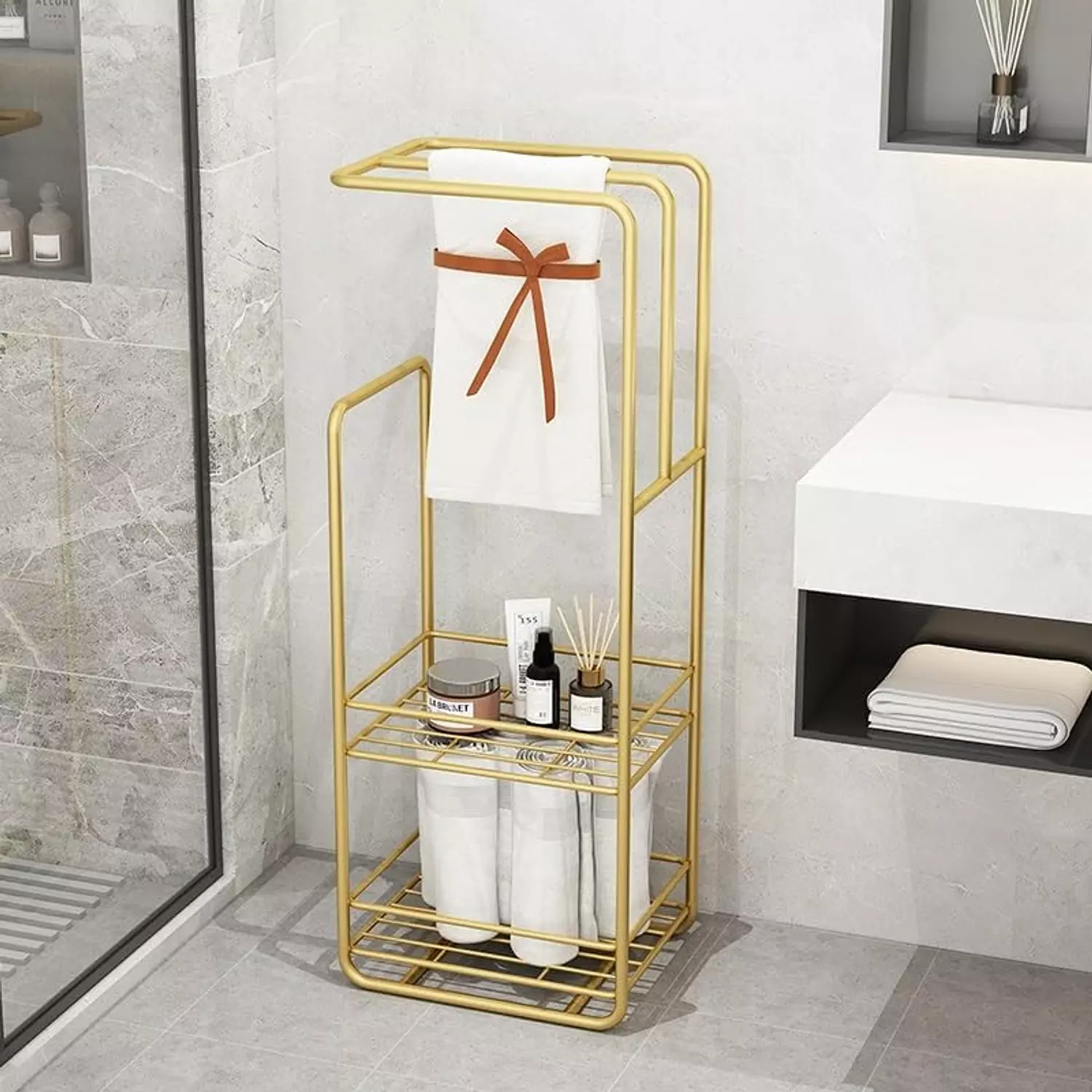 Bathroom towel organizer with clothes basket  hover image