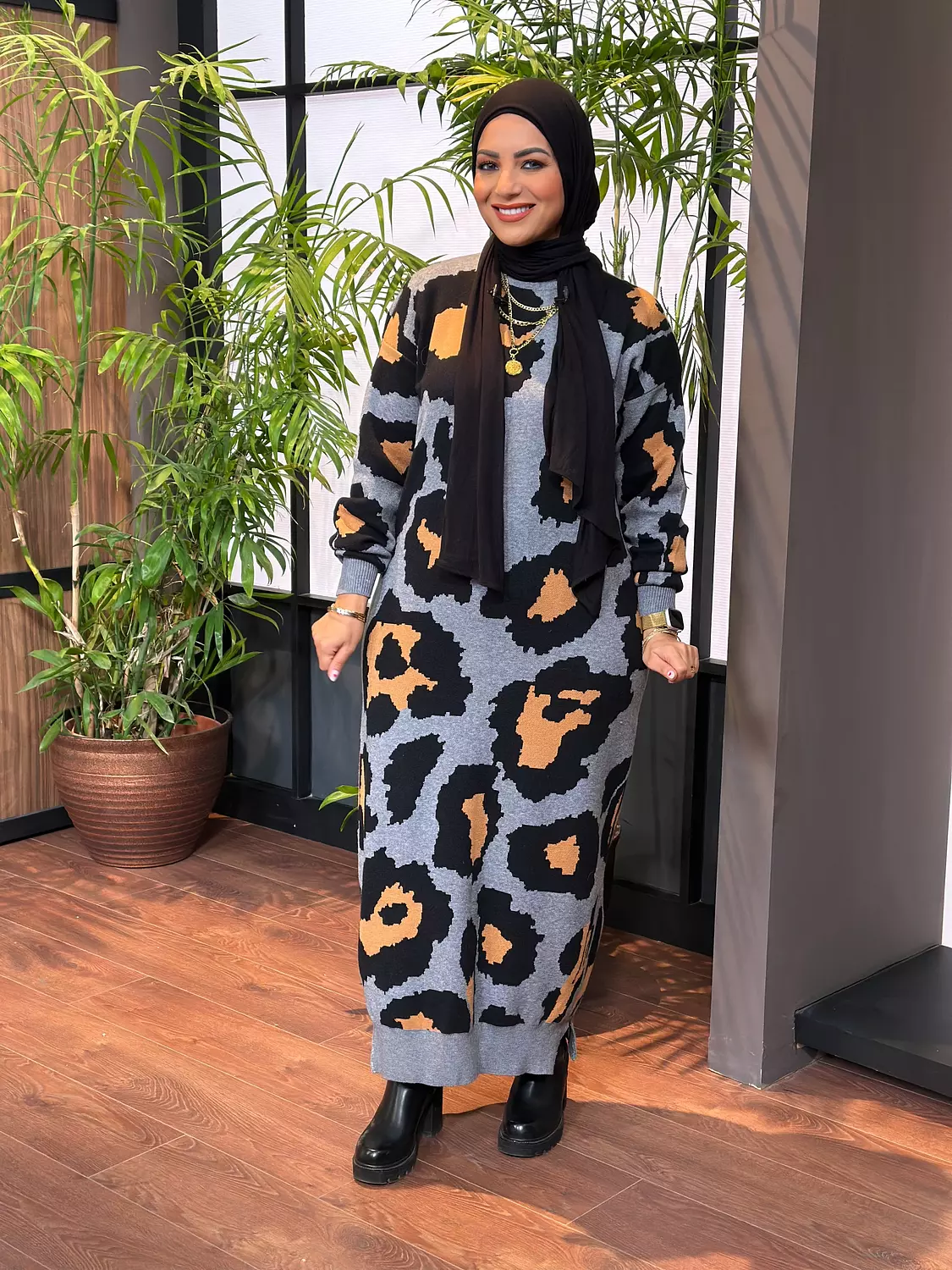 Tiger Printed Knitted Dress - Gray and Camel  1