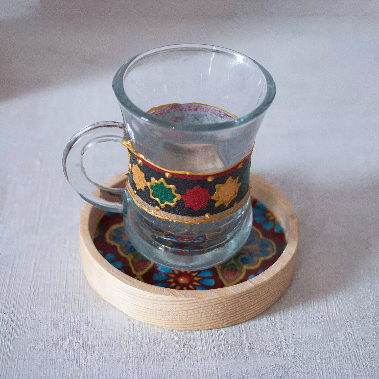 Arabesque Glass Cup Wooden Coaster - Per Piece 1