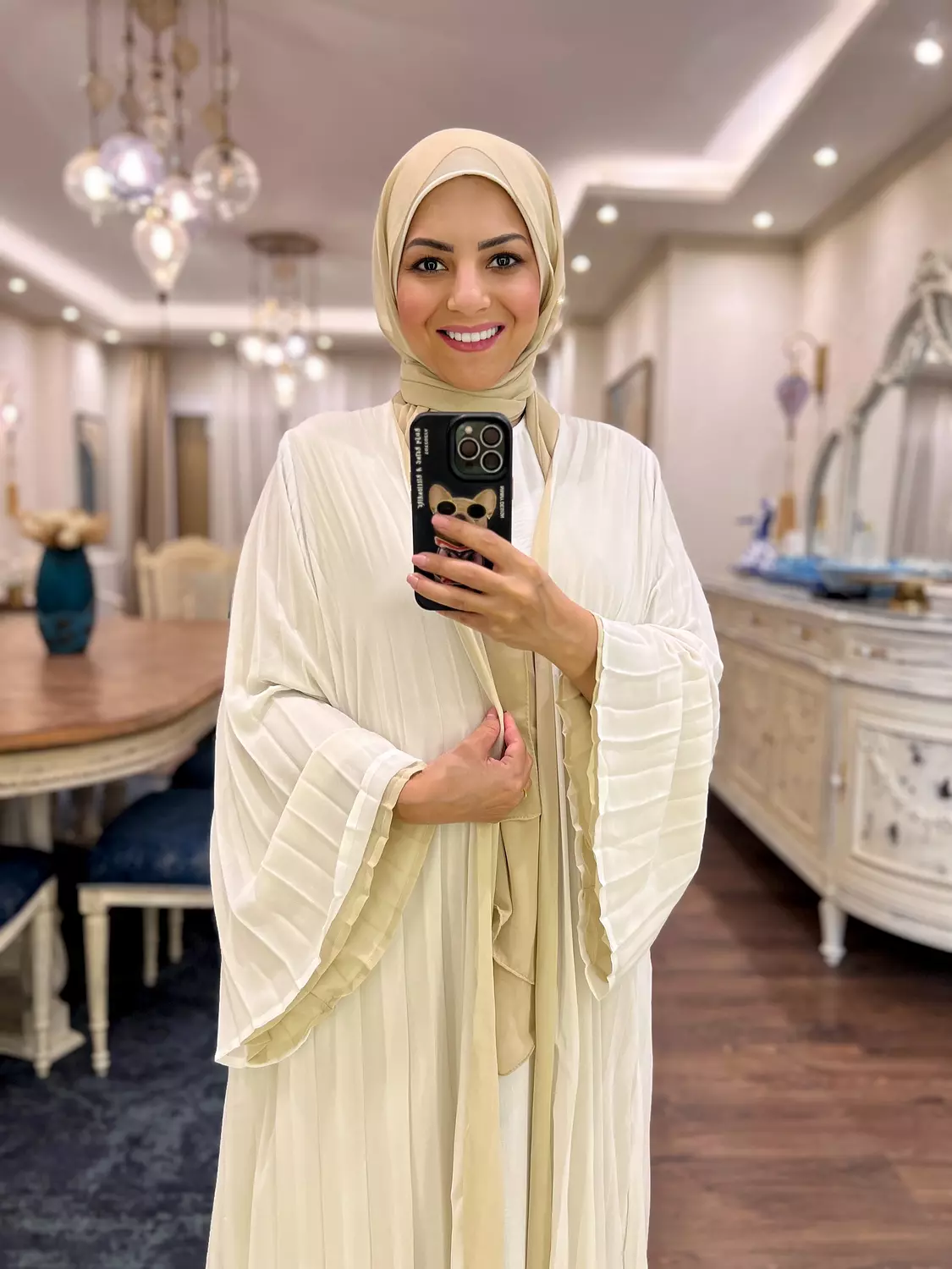 Double-faced Pleated Open Abaya- Off White & Beige 3