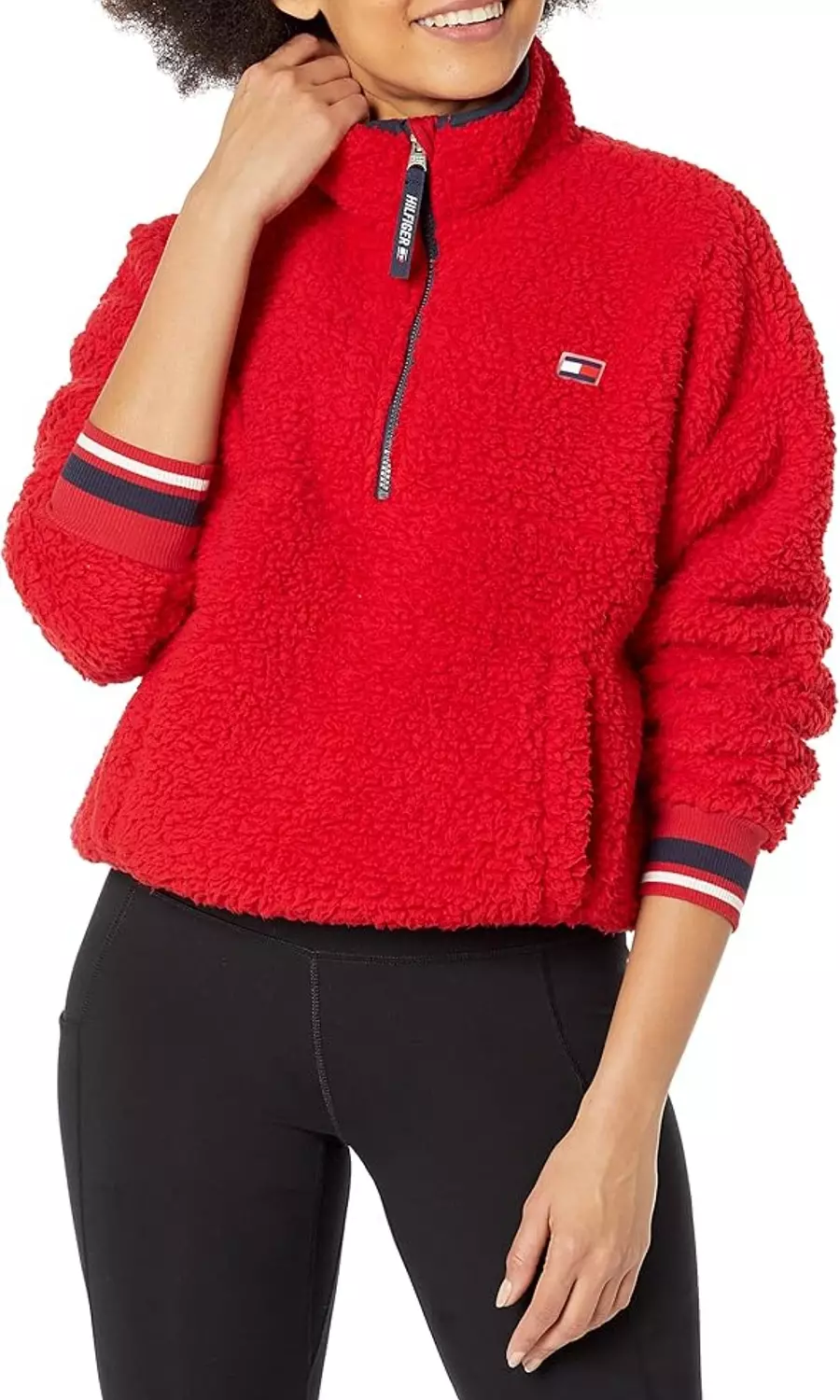 Tommy Hilfiger women's cropped red Sherpa fleece or Teddy Bear textured quarter-zip pullover/sweatshirt. image