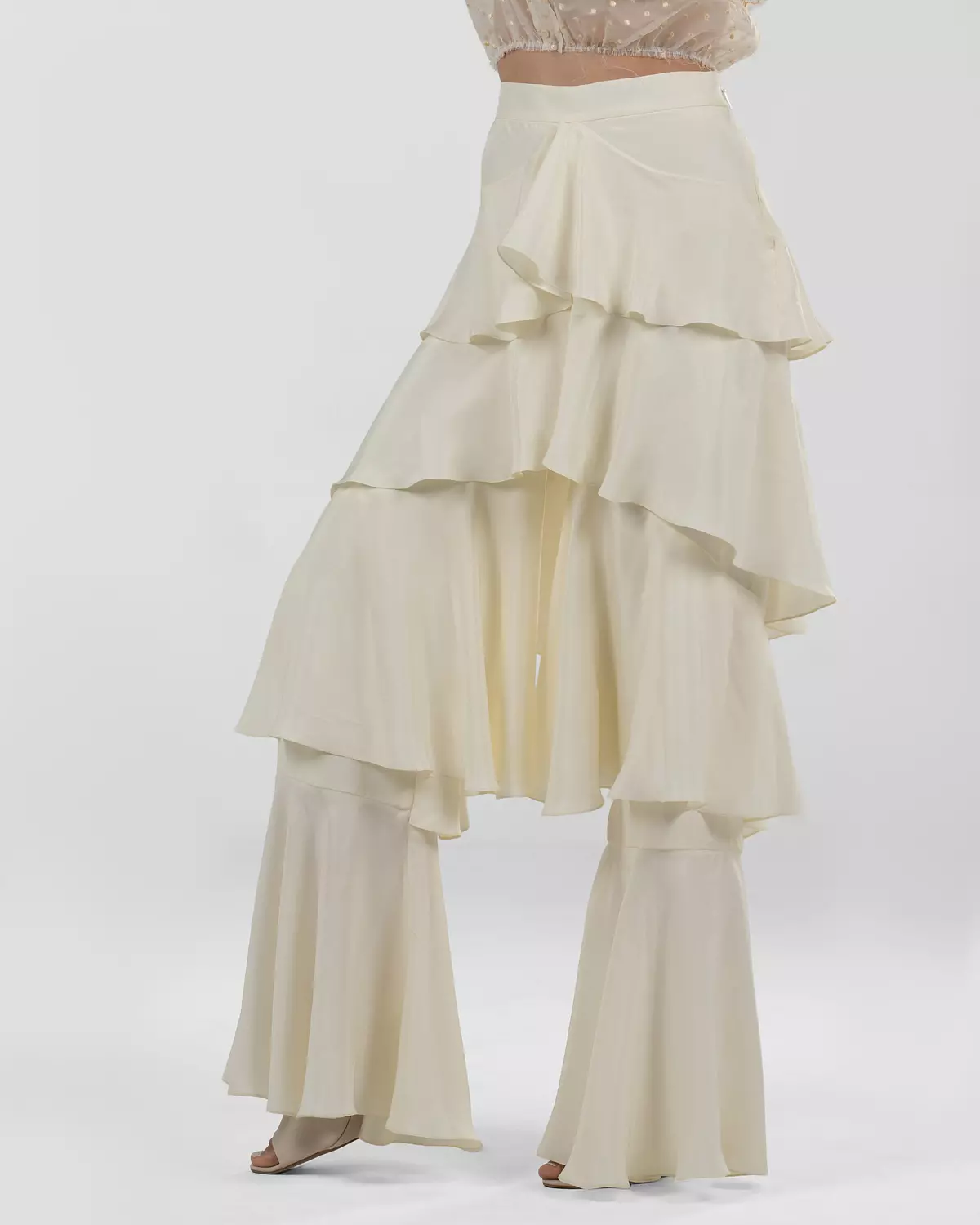 Chic Off-White Silk Ruffled Wide-Leg Pants 7