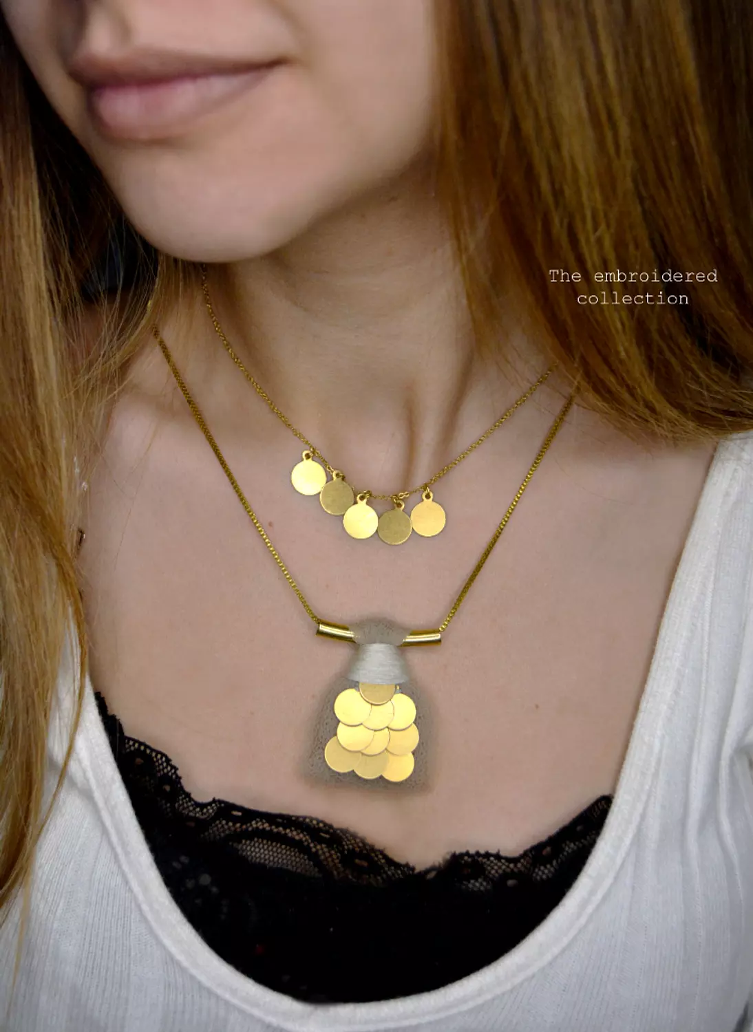 Embroidered brass on tulle Necklace 