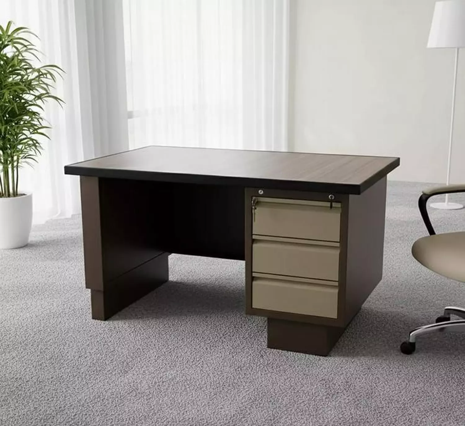 110 cm metal desk with 3 dark-colored drawers image