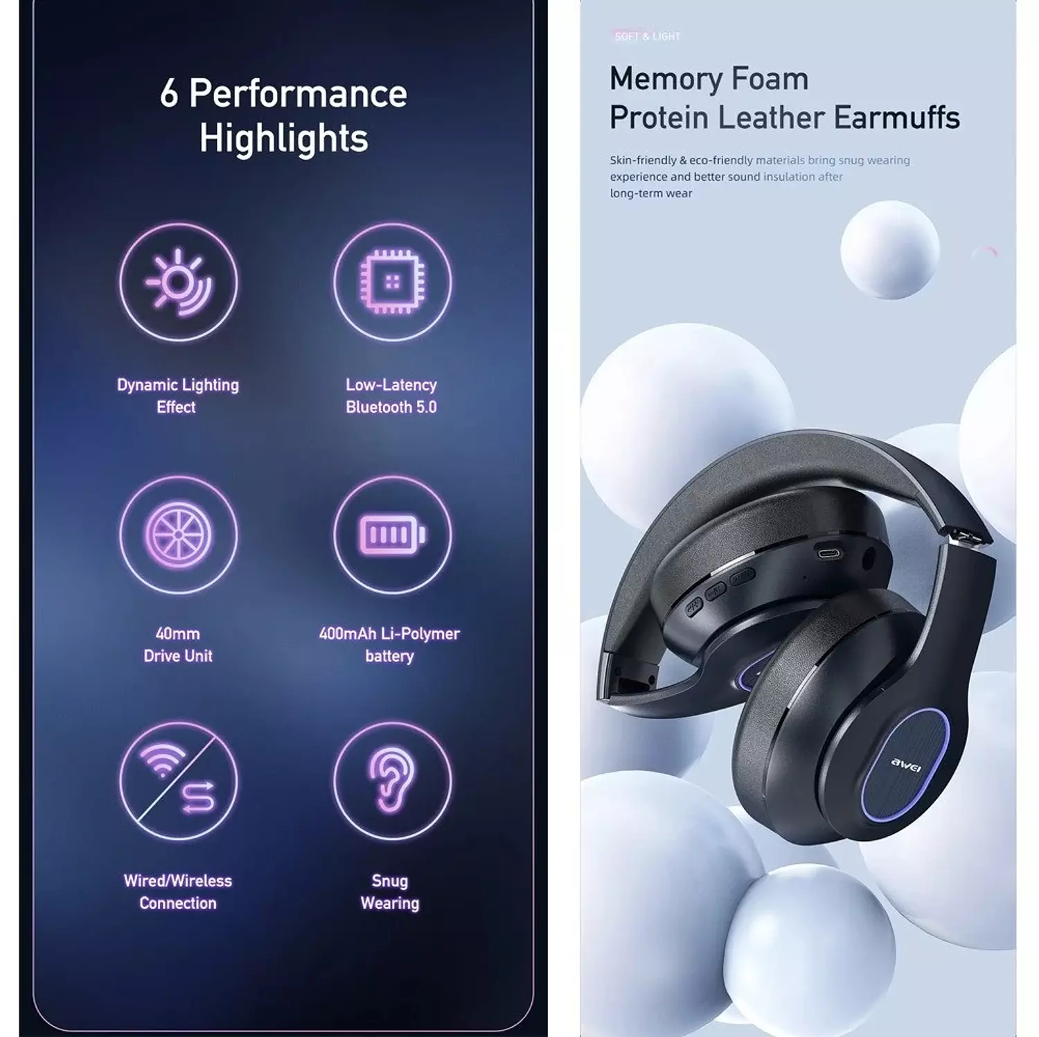 AWEI A100BL Wireless Stereo Headphones, Bluetooth 5.3, FM Radio, Powerful Sound 3