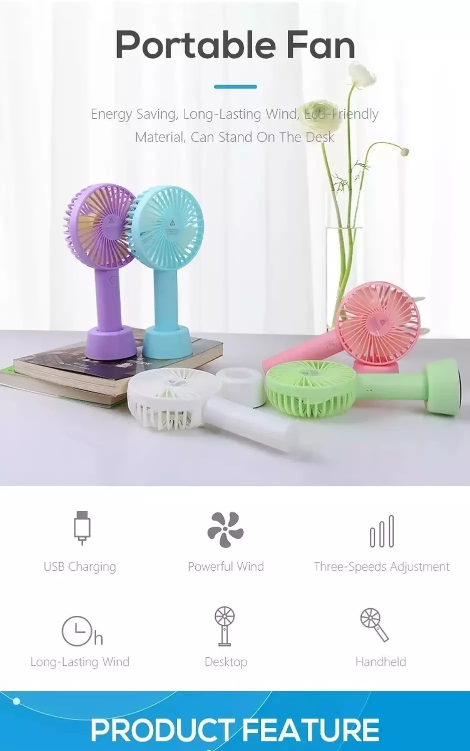 SS-2 Rechargeable Handheld Fan - 3 Speeds - pink 9