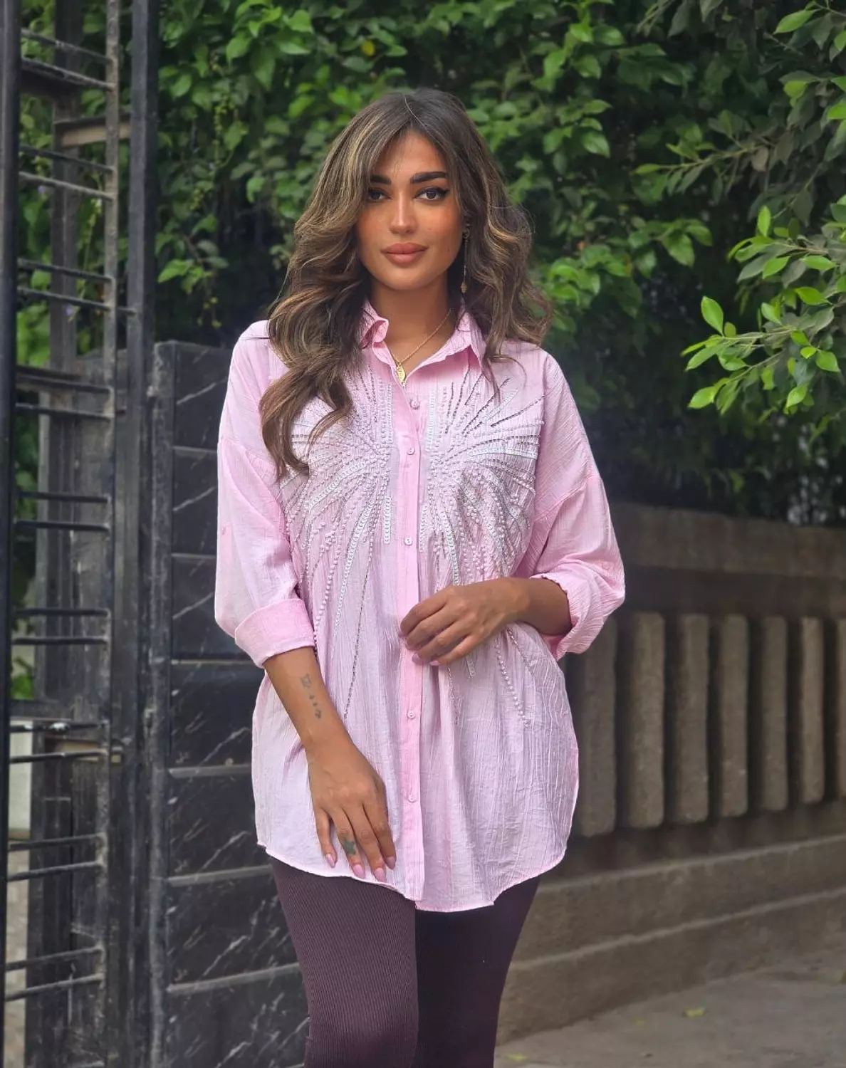 Pink pearl rays embroidered shirt image