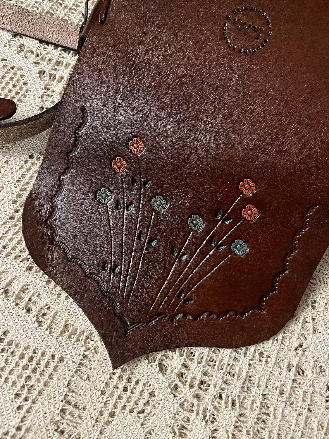 Hand painted orange-blue flowers braided strap leather  6