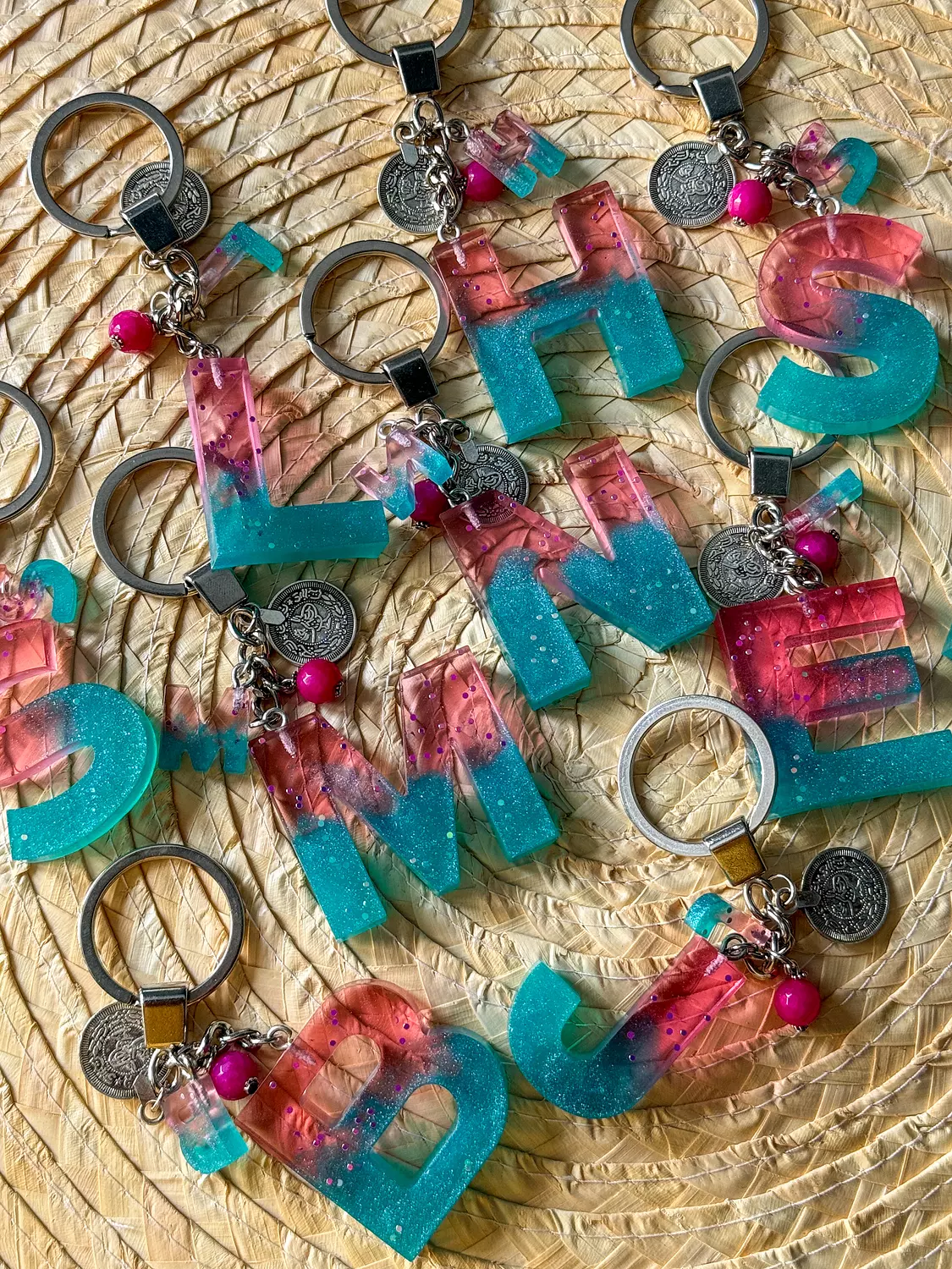 Resin Letters Keychain ( Fuschya & Teal ) "By Order"  image