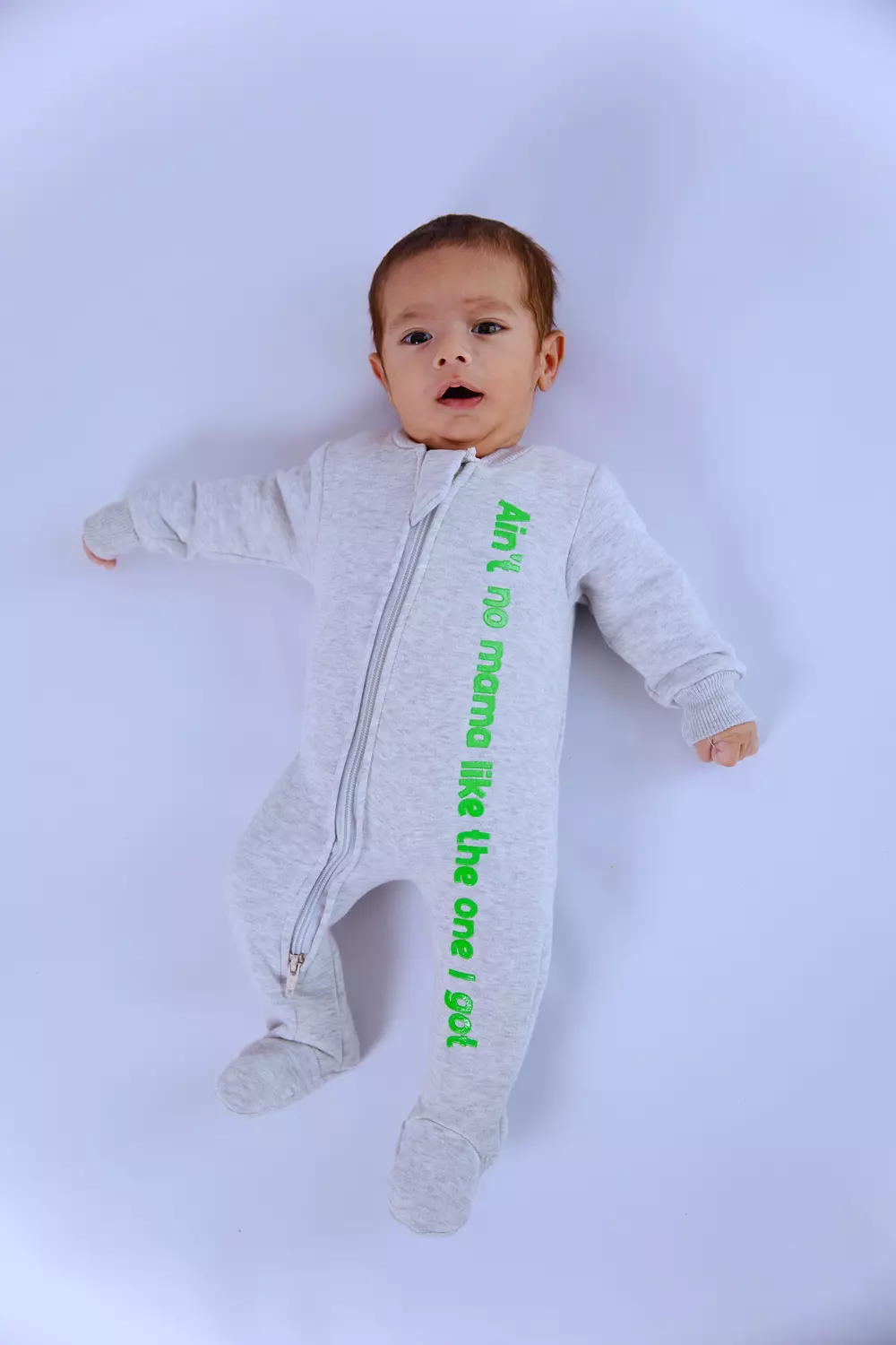 Premium Fleeced Winter Double Zipper "Ain't no mama" Footie - Glowy Grey 3