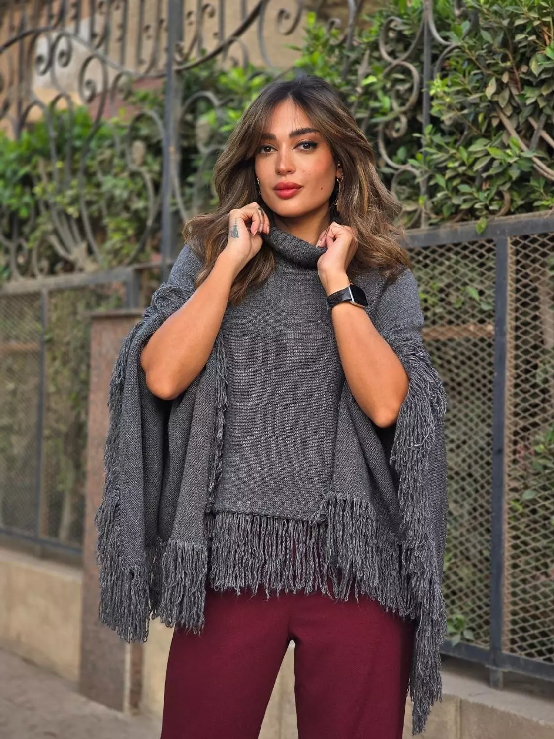 Grey Poncho High Neck With Fringes  hover image