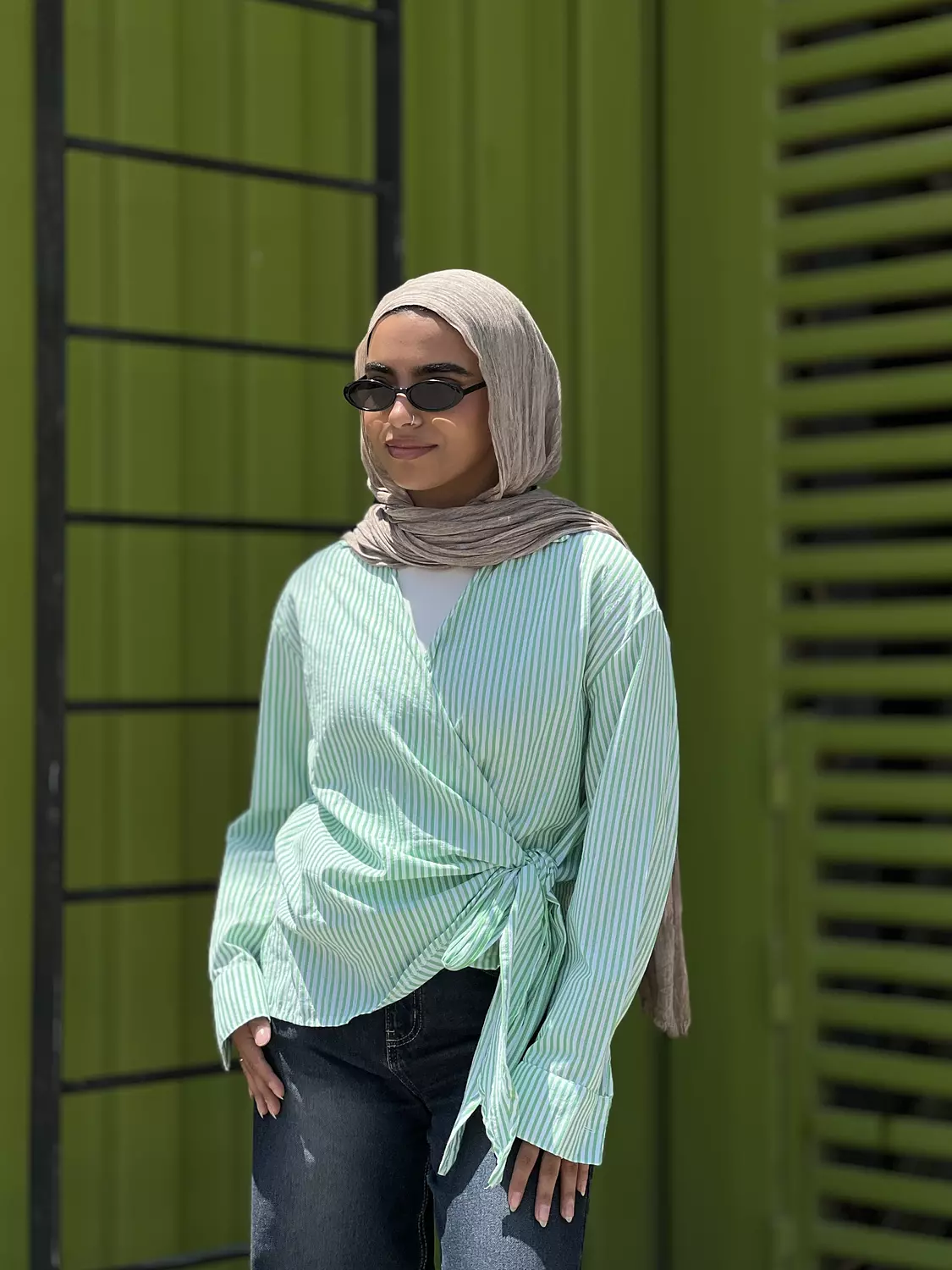 Mint green blouse with white lines 2