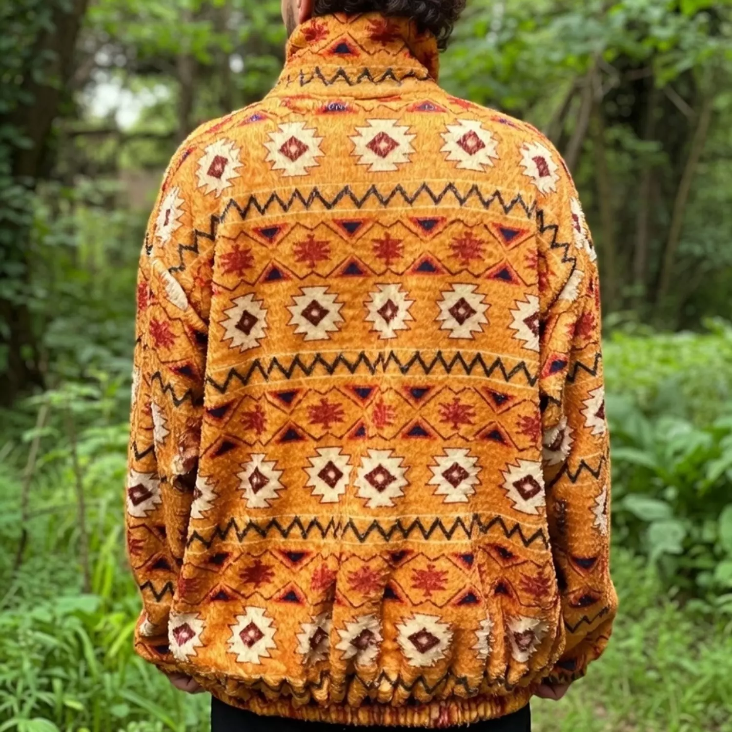 Orange Fleece Ethnic Patterned Bomber Jacket image