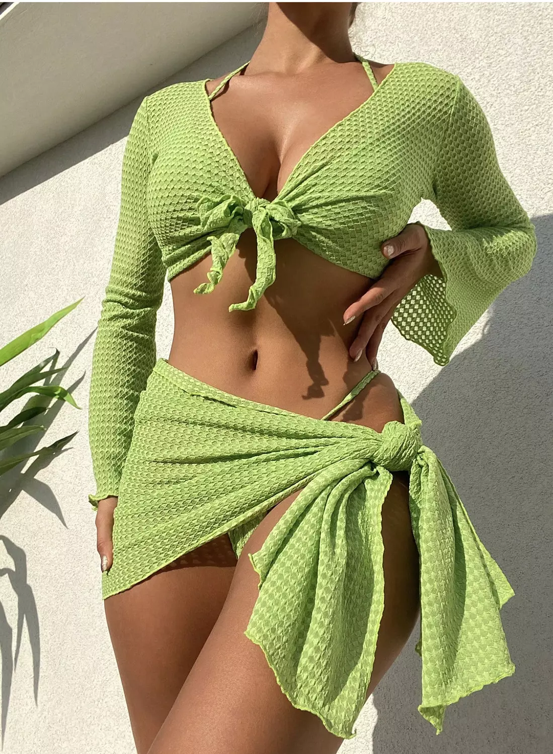 Swim SXY Summer Beach Plain Halter Triangle Bikini Set With Cover Up Set image