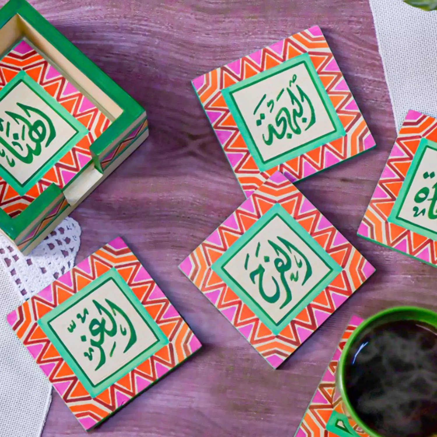 Coaster set - Triagles orange & fouchia image