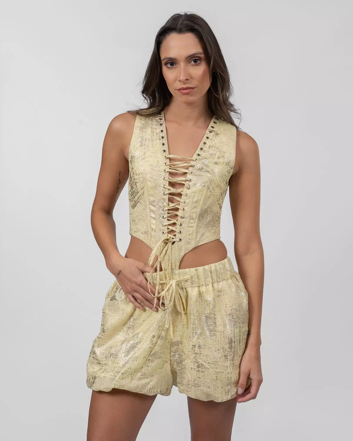 Shimmery Yellow Cut-Out Romper 2