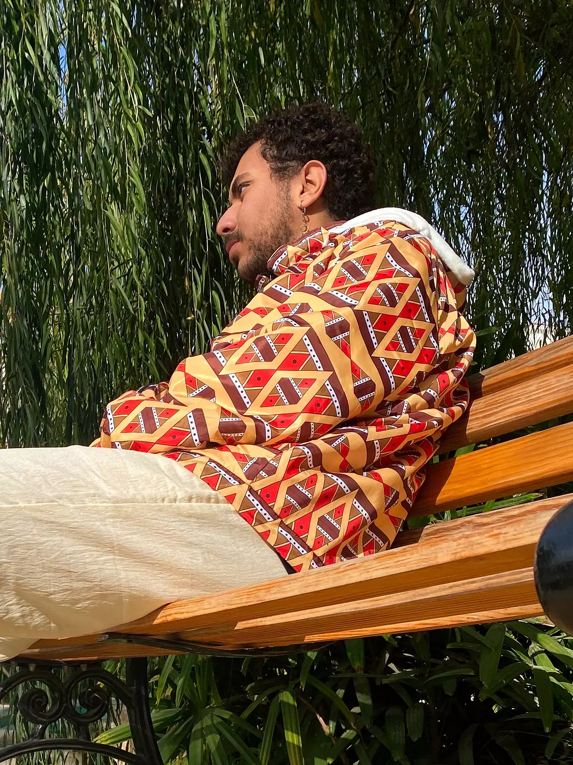 Ethnic Ochre and Orange Unisex Hooded Bomber Jacket 1