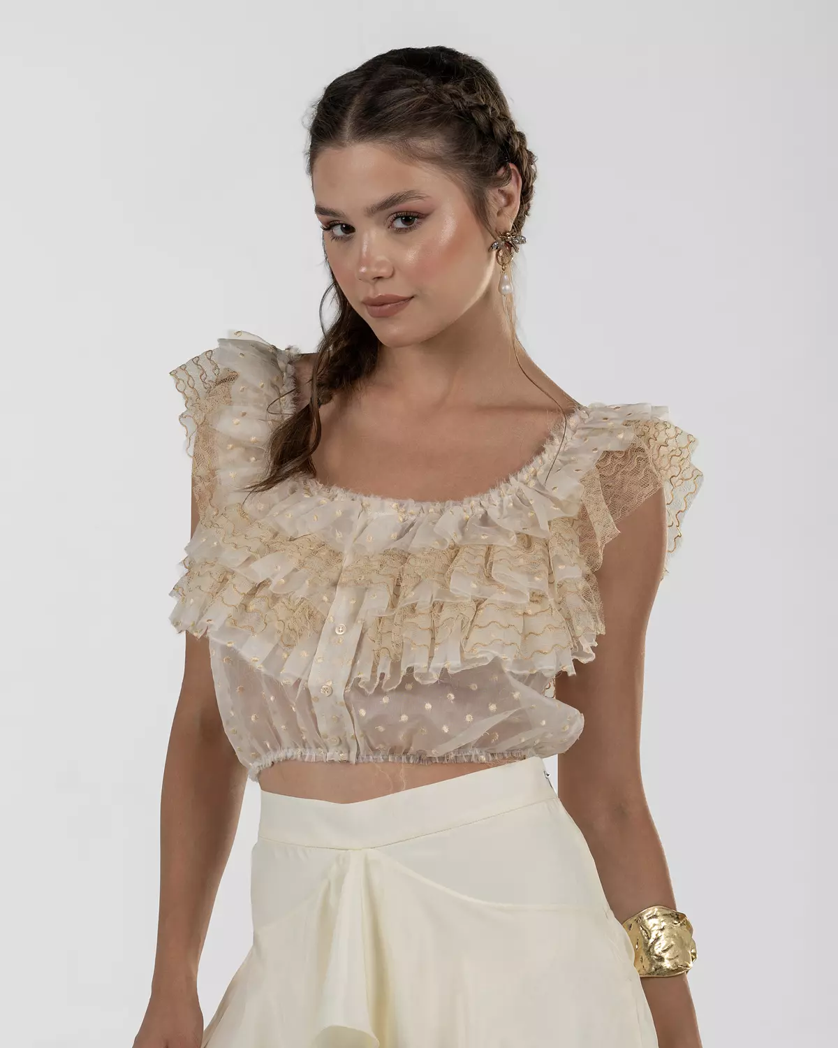 Vibrant Off-White Ruffled Crop Top 5