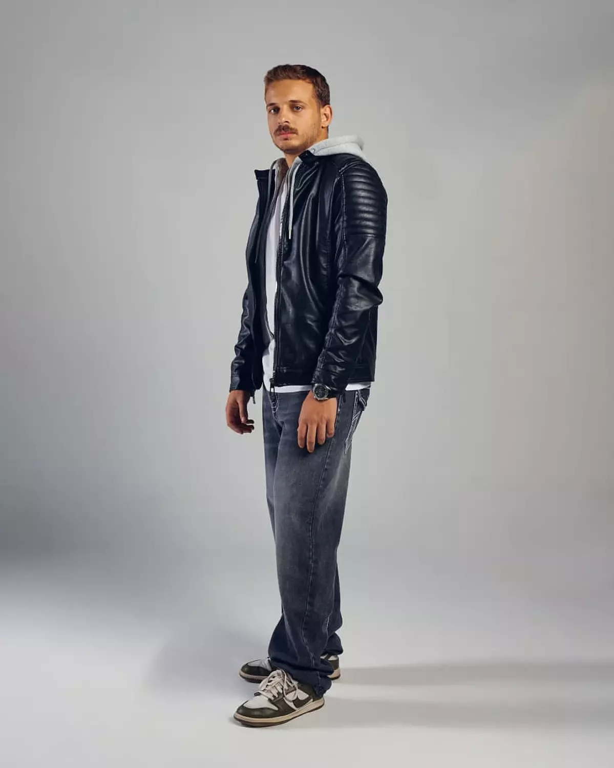 A|X Black leather jacket with external zipper hoodie grey hover image