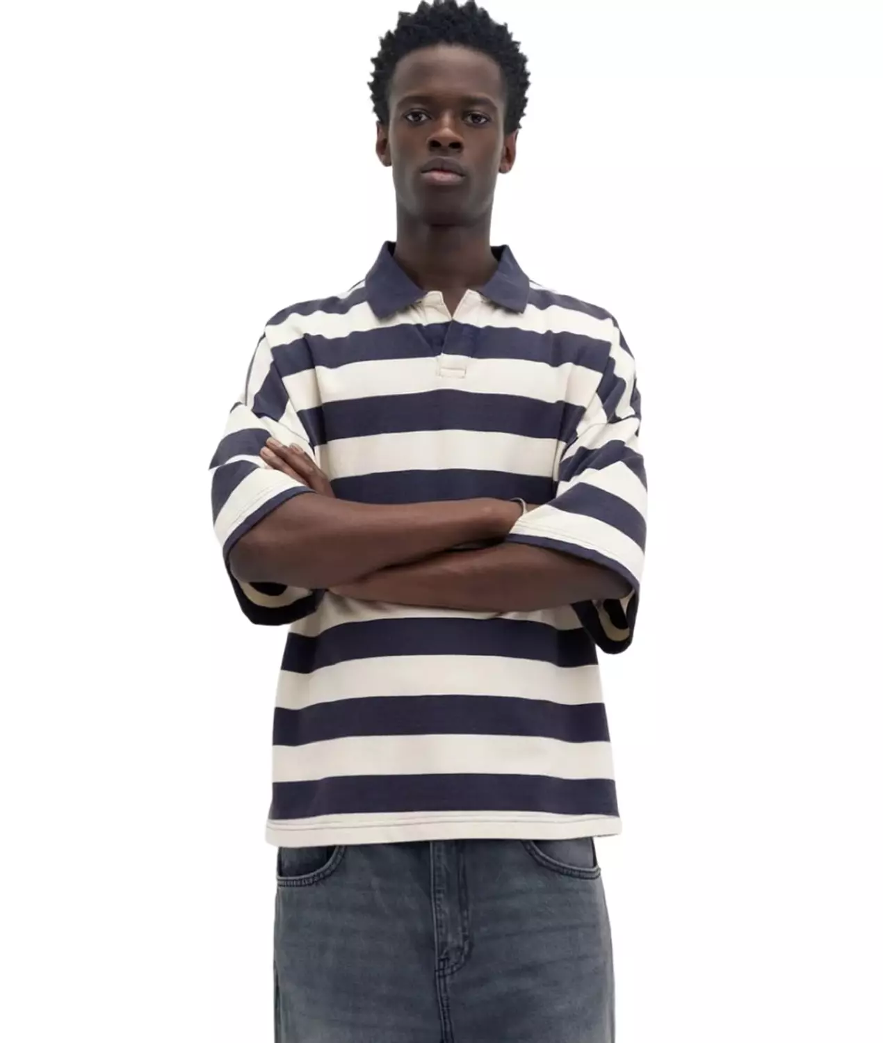 PULL&BEAR STRIPED POLO SHIRT - BLUE/GREY image