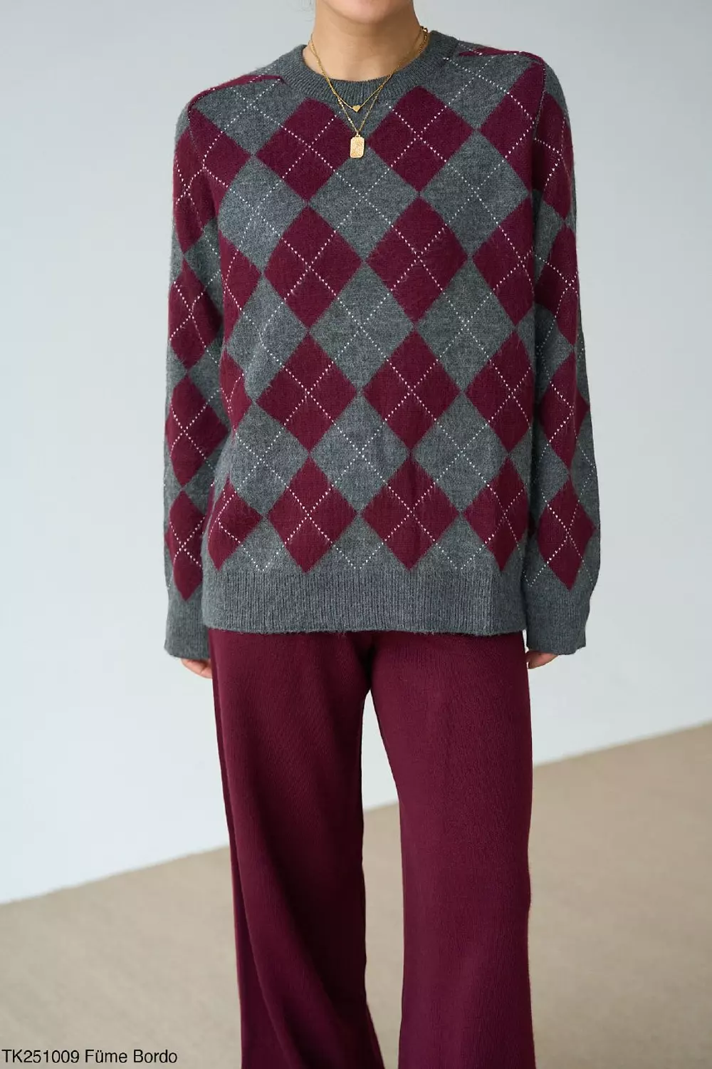 Grey Burgundy Argyle Pullover  hover image
